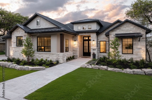 the front view of a modern, single-story home in Leander, Texas, with green grass and a tree-lined driveway, sunset lighting