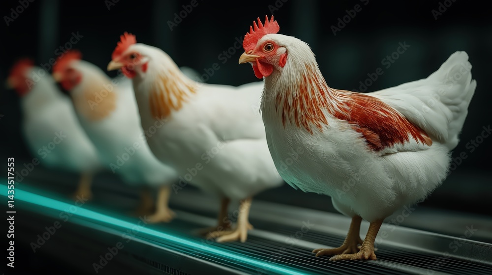 Fototapeta premium Four white chickens standing in a line, farm setting with a rustic background, showcasing vibrant plumage and lively demeanor.