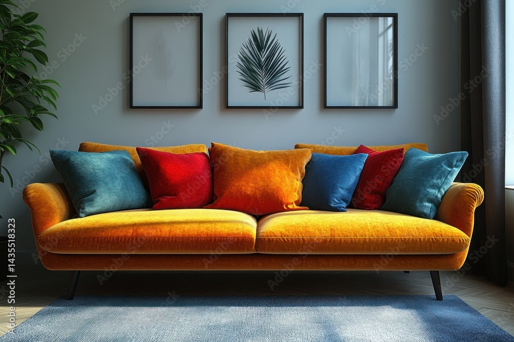 Fototapeta premium Colorful contemporary living room arrangement with decorative art pieces.