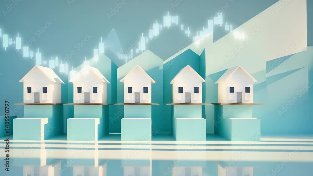 3D illustration of white houses on rising bar graphs with upward financial growth, representing real estate market or investment trends

