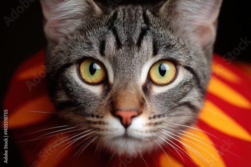 Close up of tabby cat with striped fur and green eyes in vibrant red and orange indoor lighting presenting alert feline stare with intense color contrast