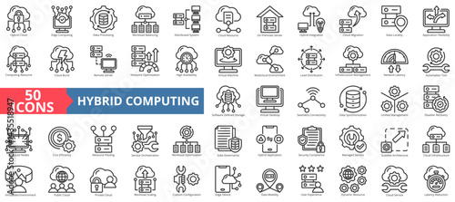 Hybrid computing icon collection set. Containing data processing, workload balancing, distributed system, cloud resource, hybrid integration, remote server icon. Simple outline vector illustration.