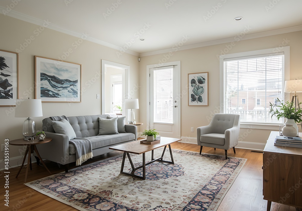 Fototapeta premium A living room with a gray sofa, chair, and a patterned rug, with artwork and natural light coming in