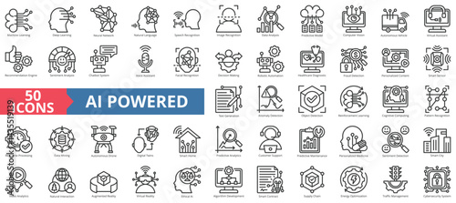 Ai powered icon collection set. Containing machine learning, deep learning, neural network, natural language, speech recognition, image recognition icon. Simple outline vector illustration.