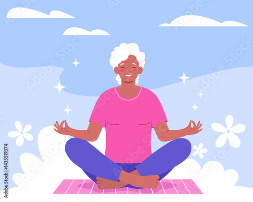 Yoga retreat, spiritual practices, mindfulness.  Elderly woman meditating, practicing yoga. 