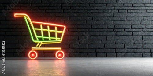 Neon Shopping Cart Sign Against Dark Brick Wall