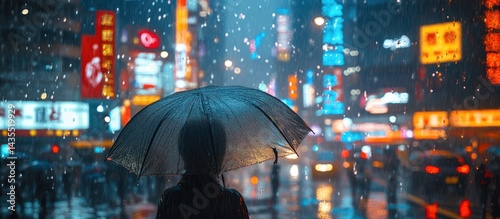 Rainy Night Cityscape Person Under Umbrella photo