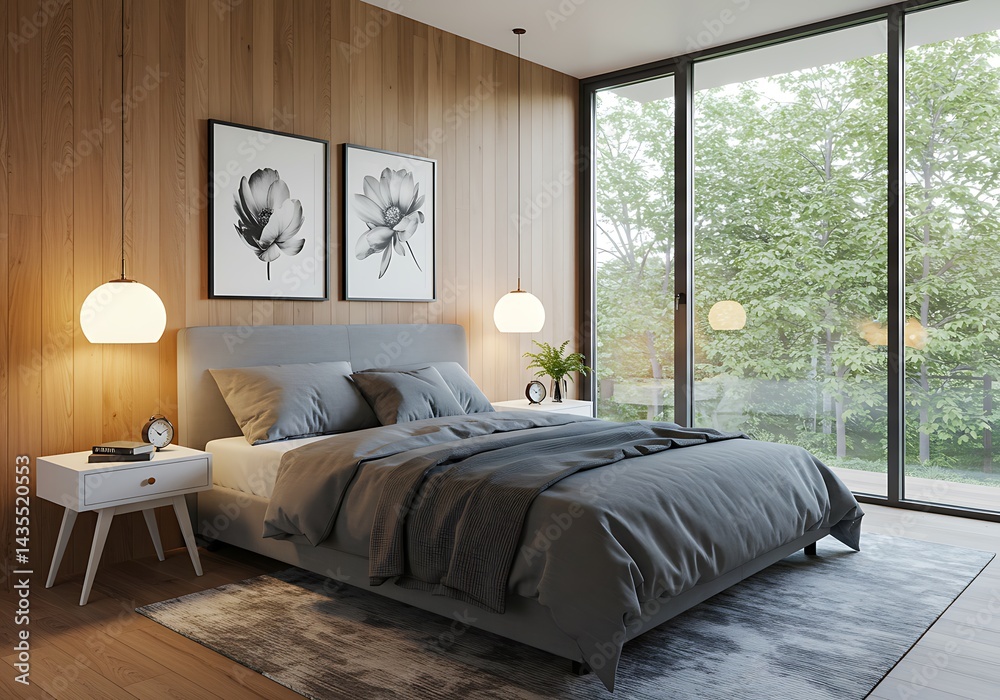 Fototapeta premium Bedroom interior with gray bedding flower art and large window overlooking green trees outside view