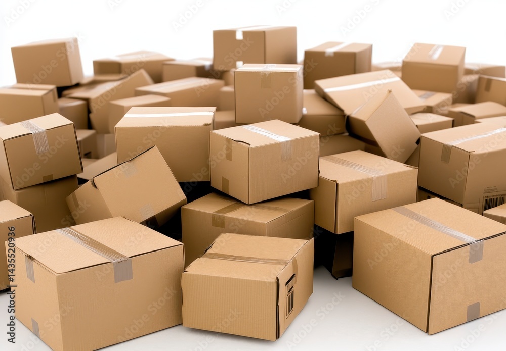 Many Brown Cardboard Boxes Stacked in a Pile on White Background Many Brown Cardboard Boxes Stacked in a Pile on White Background