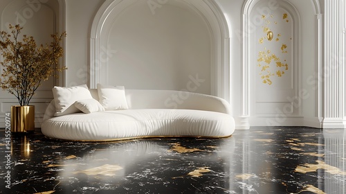 Luxurious white curved sofa in elegant gold and black interior