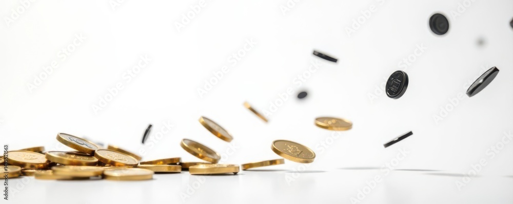 Fototapeta premium Scattered flying coins, black icons on white, simple design, coins, icon, transaction