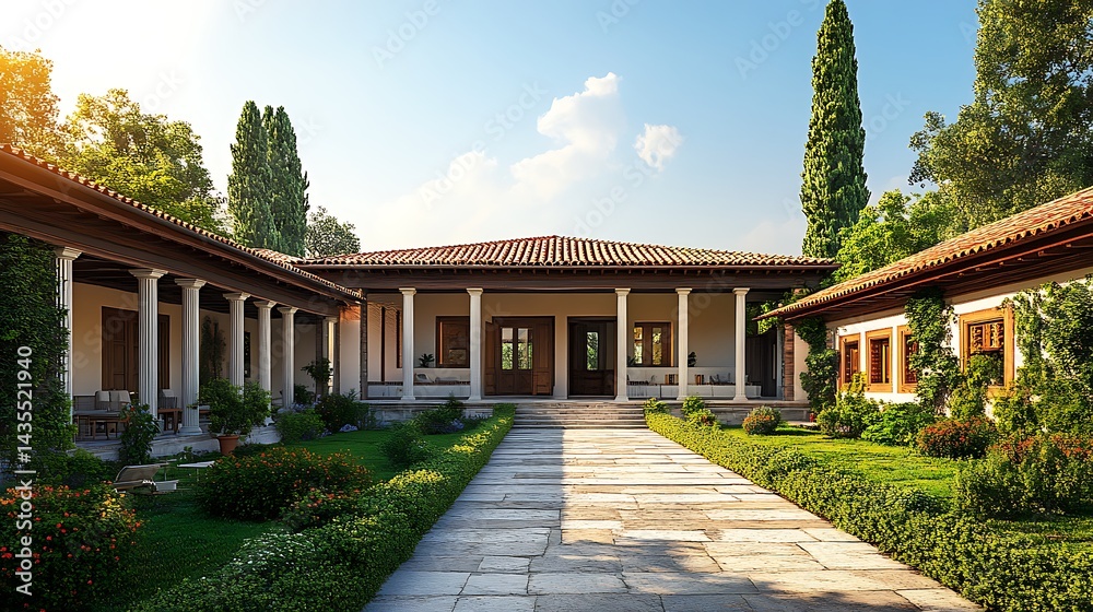 Obraz premium Elegant mediterranean house with lush garden high resolution image