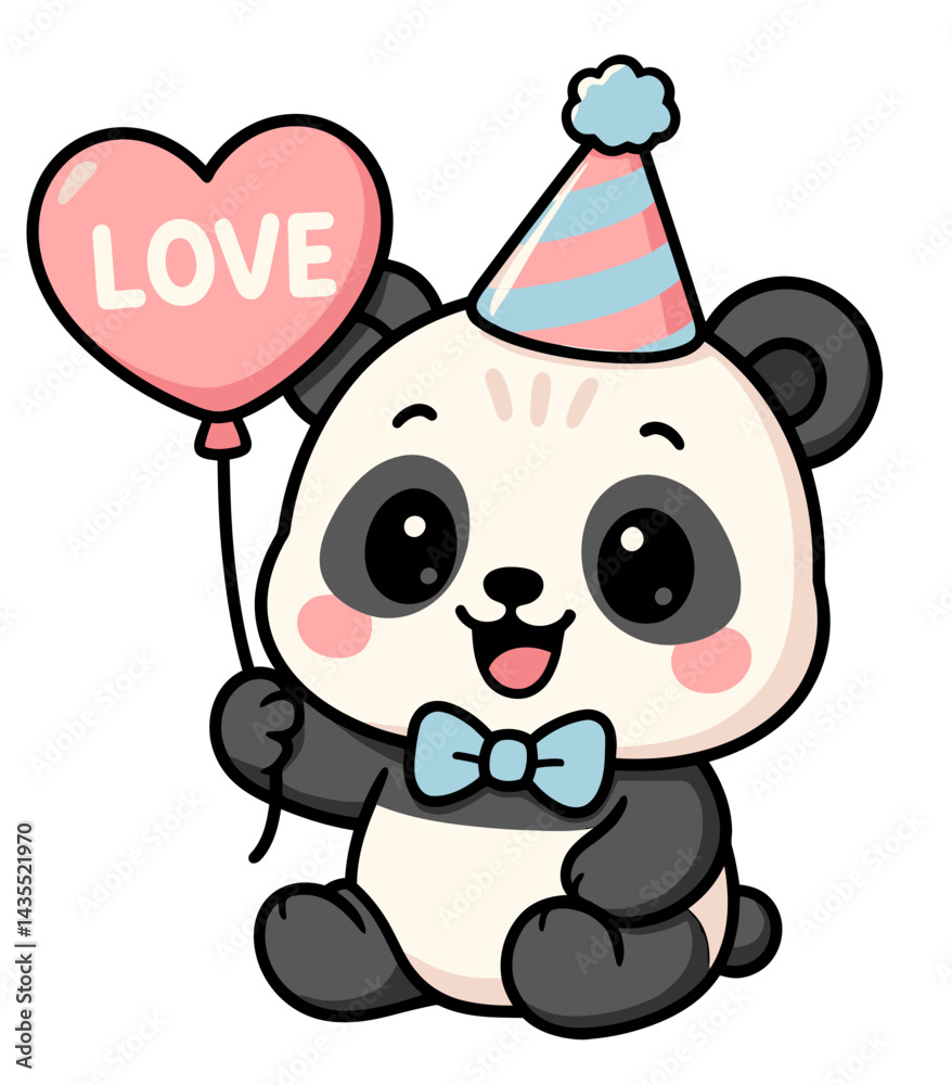 Naklejka premium babay Panda with Heart Love Balloon and Party Hat 