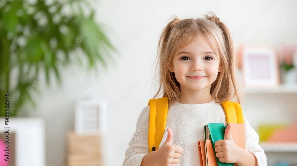 A young girl with a backpack giving a thumbs-up in a bright and cozy room, holding colorful books, and cheerful and educational concept. A young girl with a backpack giving a thumbs-up in a bright and cozy room, holding colorful books, and cheerful and educational concept.