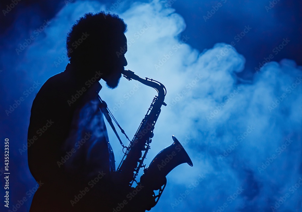 Obraz premium A silhouetted figure of a saxophone player in the dark, with the instrument's outline visible against a blue background filled with smoke and fog. 