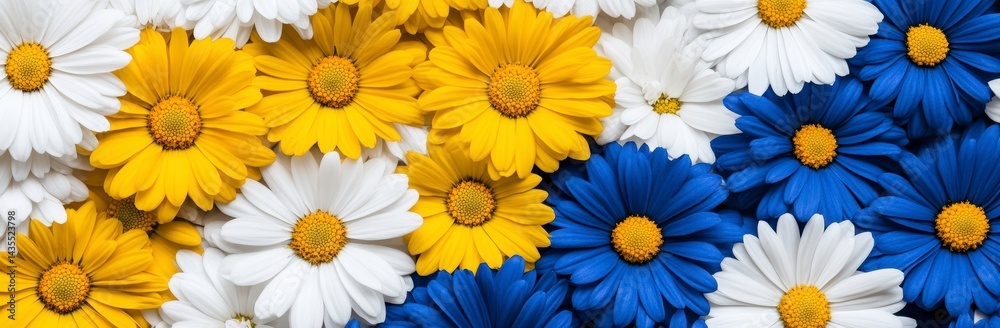 Close Up View of Yellow White and Blue Daisies Flower Arrangement Close Up View of Yellow White and Blue Daisies Flower Arrangement