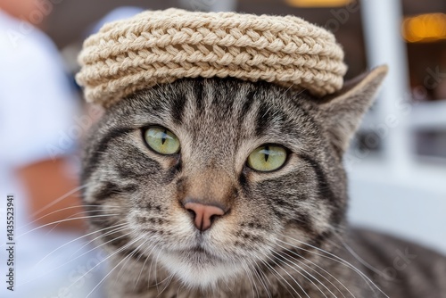 Grey striped domestic cat with straw boater hat sitting upright and calm with sharp eye contact and neutral indoor background highlighting feline expression and composure