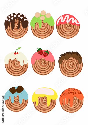 set of food cromboloni pastry icons