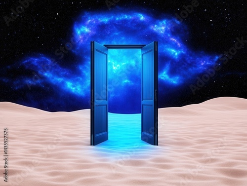 Open door reveals a celestial landscape beyond a sandy expanse under a starry night sky