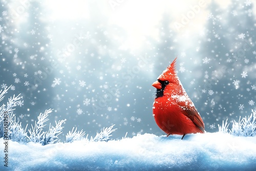 Cardinal perches in snowy woods during winter. Holiday greetings background for seasonal advertising