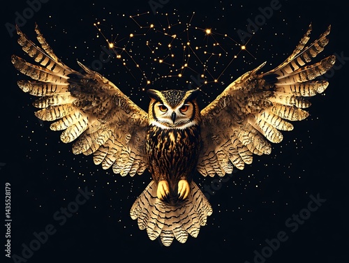 Dramatic Owl soaring with celestial constellation on black backdrop, ideal for fantasy projects