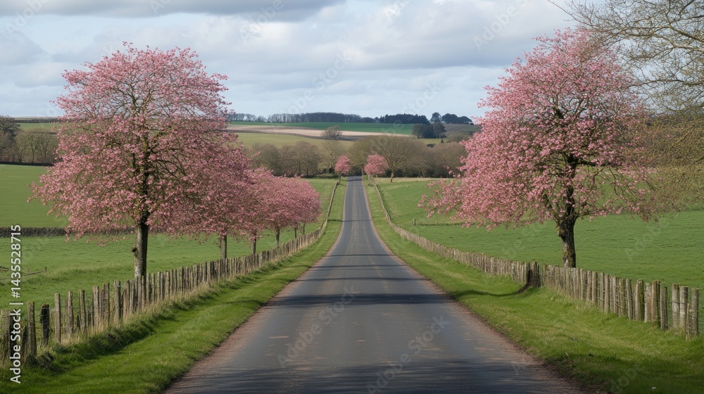 Pink blossom-lined road stretches through verdant countryside. Pink blossom-lined road stretches through verdant countryside.