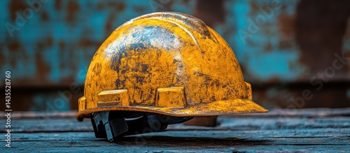 Rusty yellow hard hat on metal surface photo