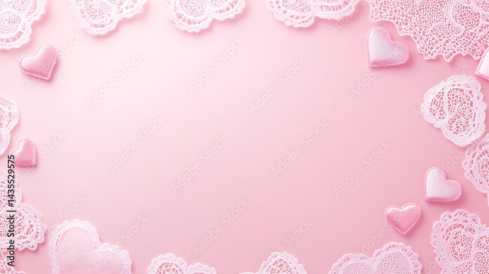 Pink hearts with lace frame, and background.