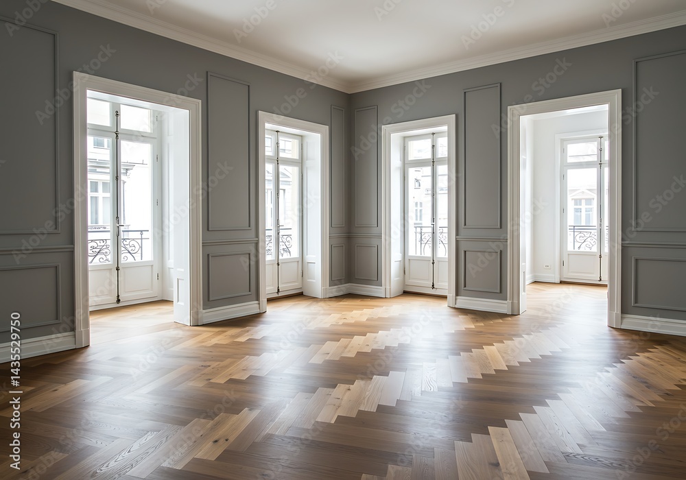 Fototapeta premium A spacious room with parquet flooring, gray walls, and white door frames leading to other rooms