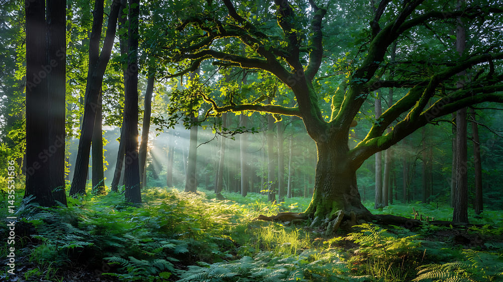 Naklejka premium Majestic oak tree bathed in golden sunlight enchanting forest scene pure nature beauty