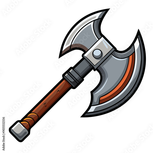 Stylized Illustration of a Double-Bladed Battle Axe with a Spiked Pommel and Textured Wooden Haft

