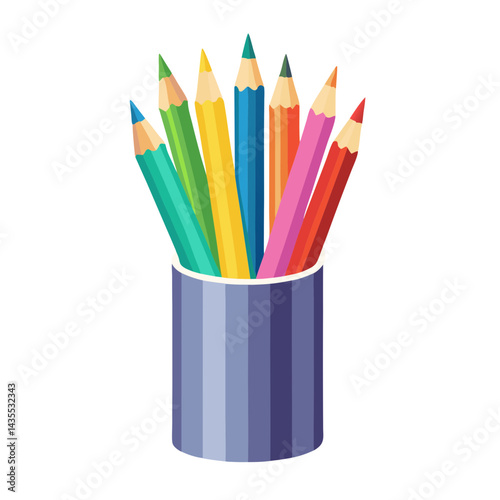 Vibrant Rainbow Striped Pencil Cup Filled with a Colorful Assortment of Sharpened Colored Pencils