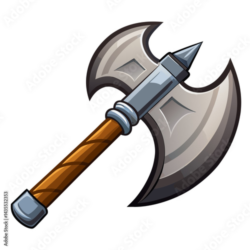 Stylized Illustration of a Double-Bladed Battle Axe with a Spiked Pommel and Textured Wooden Haft

