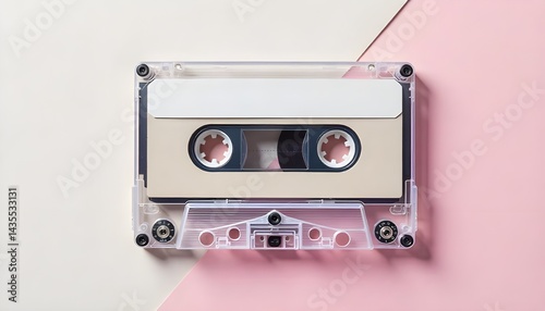 90s cassette tape with blank custom label and plastic cover, placed on soft pastel background