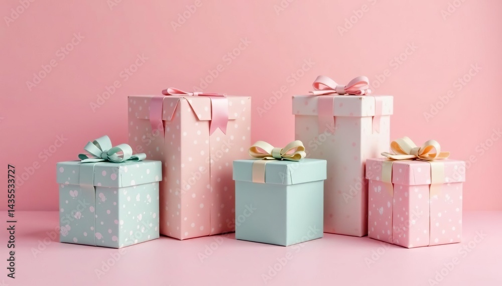 Obraz premium Subtle pastel colored gift boxes with polka dots, repeating design, spring, colorful, background pattern