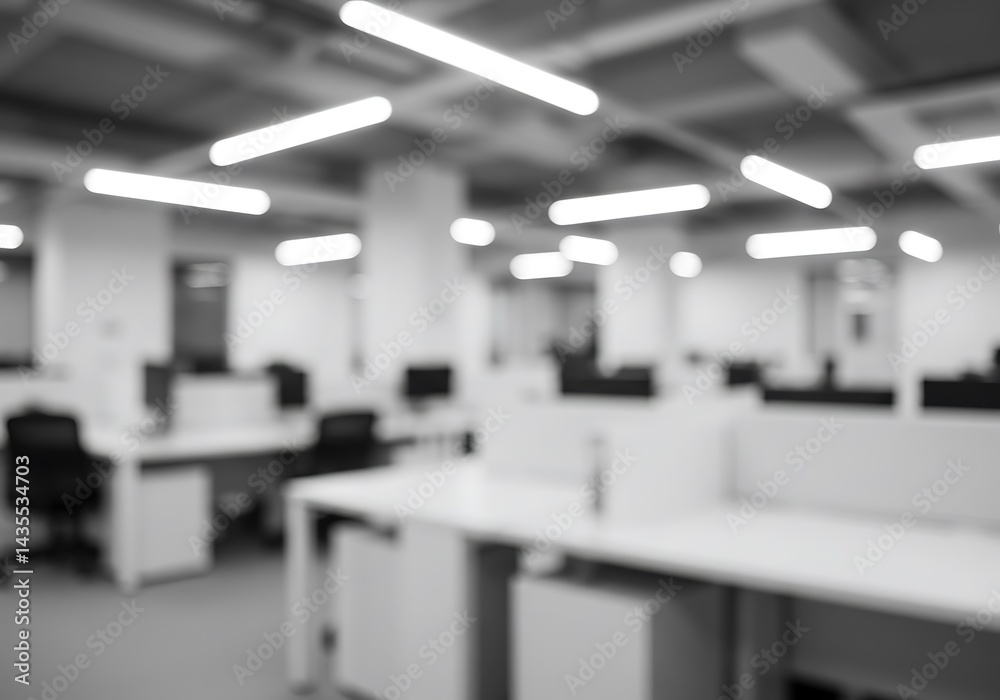 Fototapeta premium Blurred monochrome image of an office space with desks chairs and overhead fluorescent lighting fixtures