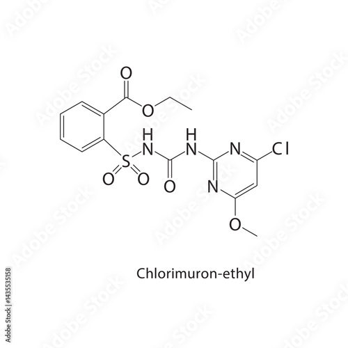 Chlorimuron-ethyl skeletal structure. Herbicide compound schematic illustration. Simple diagram, chemical formula.