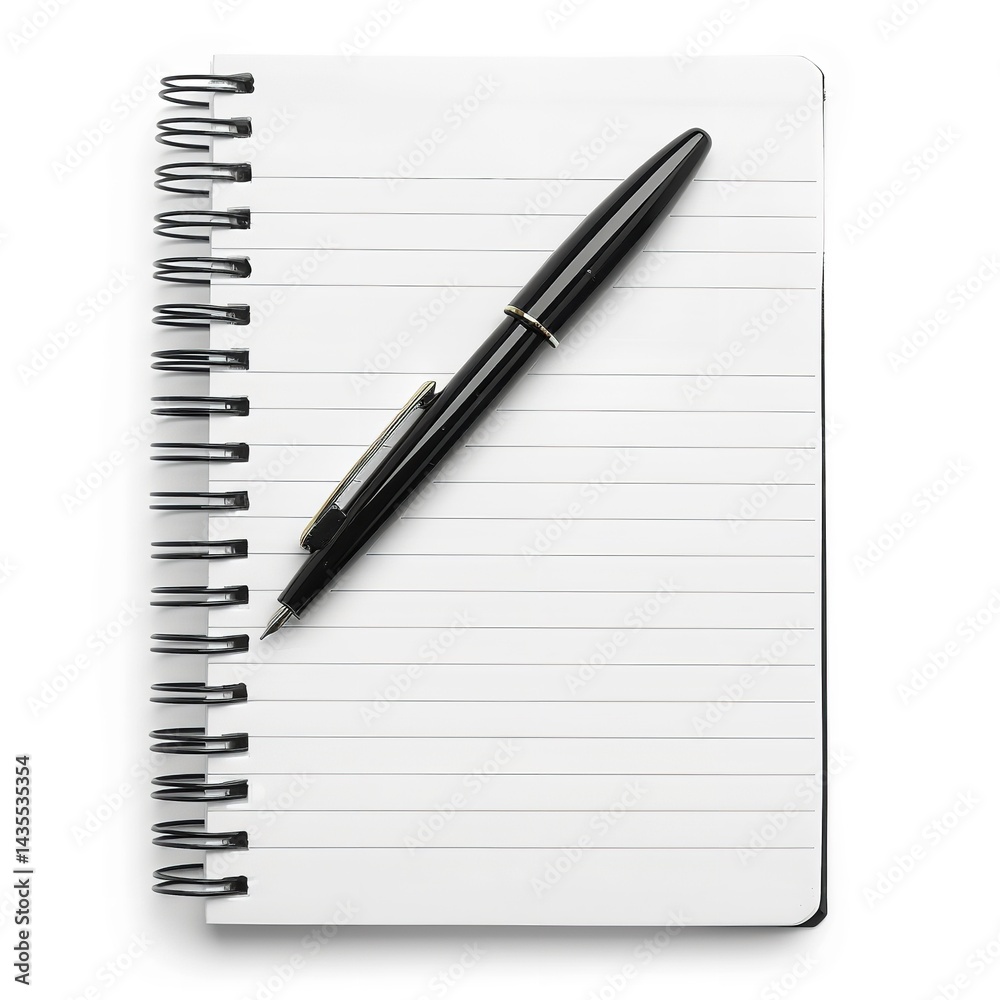 Stock photo of black fountain pen resting on a spiral notebook for writing and note taking ideas on transparent background