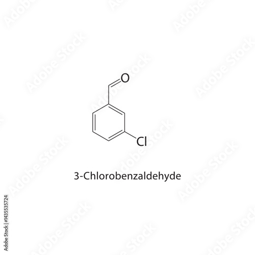 3-Chlorobenzaldehyde skeletal structure. Aldehyde/Organic Compound compound schematic illustration. Simple diagram, chemical formula.