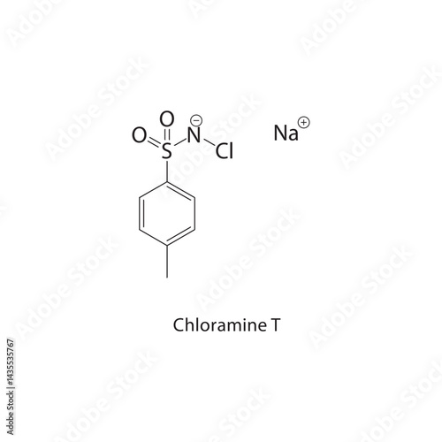 Chloramine T skeletal structure. Chloramine Derivative compound schematic illustration. Simple diagram, chemical formula.