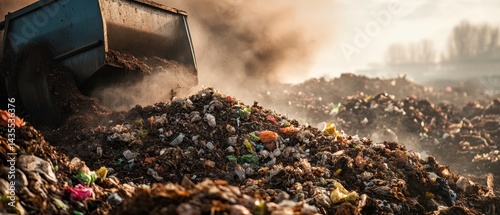 A truck dumps waste at a landfill site, generating dust and showcasing the impact of waste management on the environment.