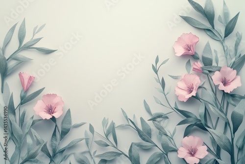 Delicate pastel flowers and leaves artfully arranged on a light background. photo