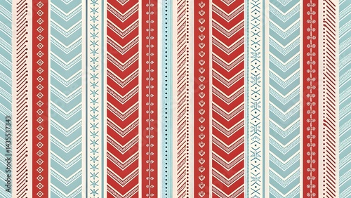 A vibrant textile design featuring a rhythmic interplay of red, blue, and cream stripes, adorned with charming chevron and geometric patterns, creating a joyful and visually rich tapestry.