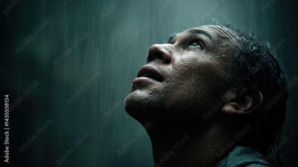 man looks upward in rain, with water droplets on his face man looks upward in rain, with water droplets on his face