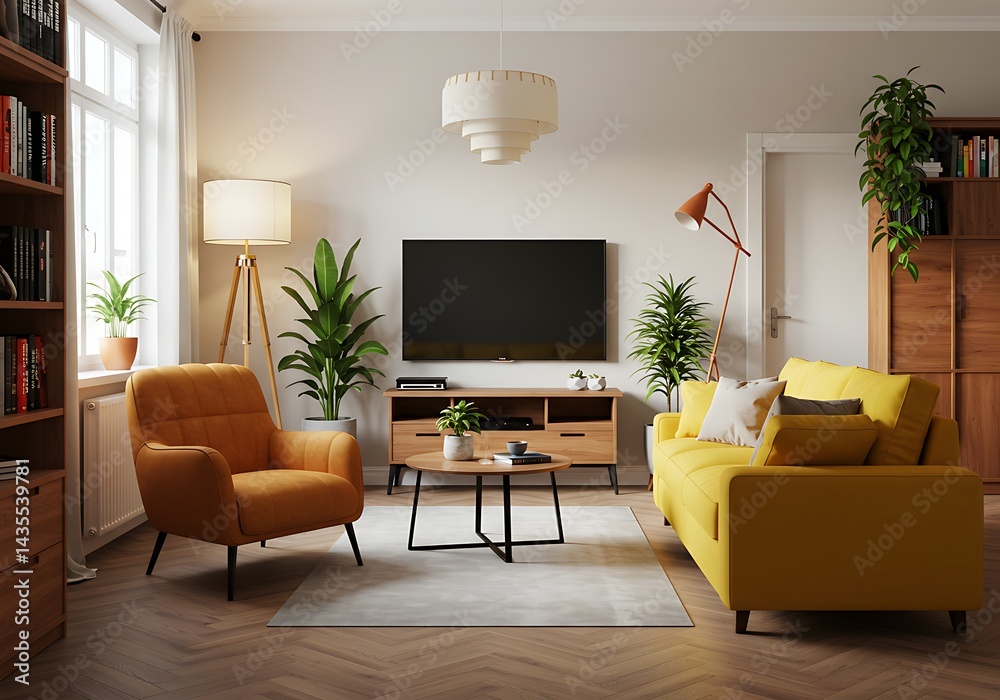 Fototapeta premium A living room with yellow sofa, orange chair, tv, plants, and wooden furniture in a bright space