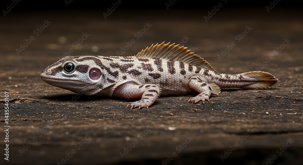 Naklejka premium Striped Lizard on Dark Wood: A Detailed Macro Photograph