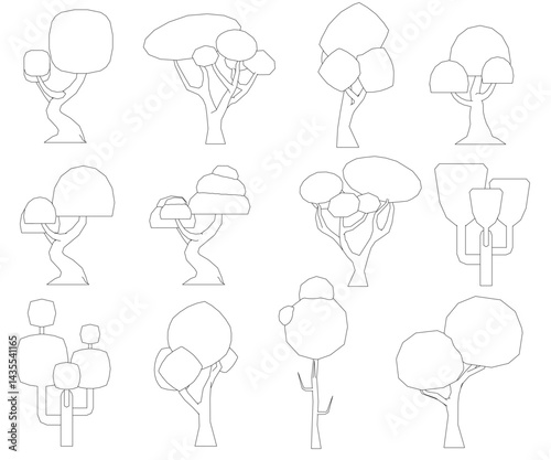A set of tree drawings in black and white. The trees are all different shapes and sizes, with some being tall and skinny and others being short and wide
