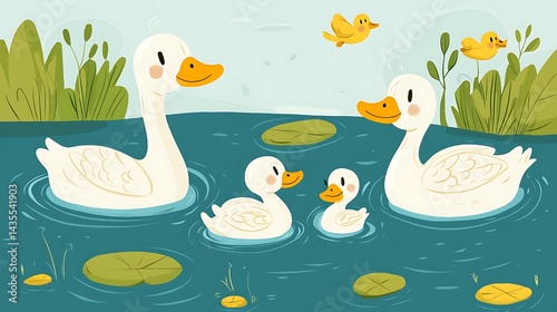 Duck Family Pond Summer Idyll.