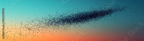 Swarm of birds in flight against the twilight sky, symbolizing freedom. Wallpaper use