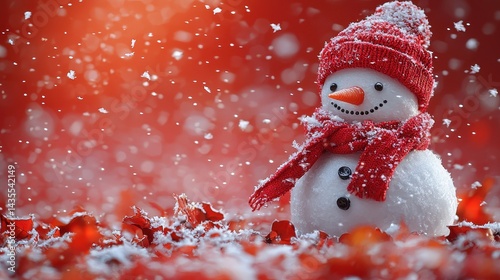Cheerful snowman wearing a red hat and scarf amidst falling snow in winter